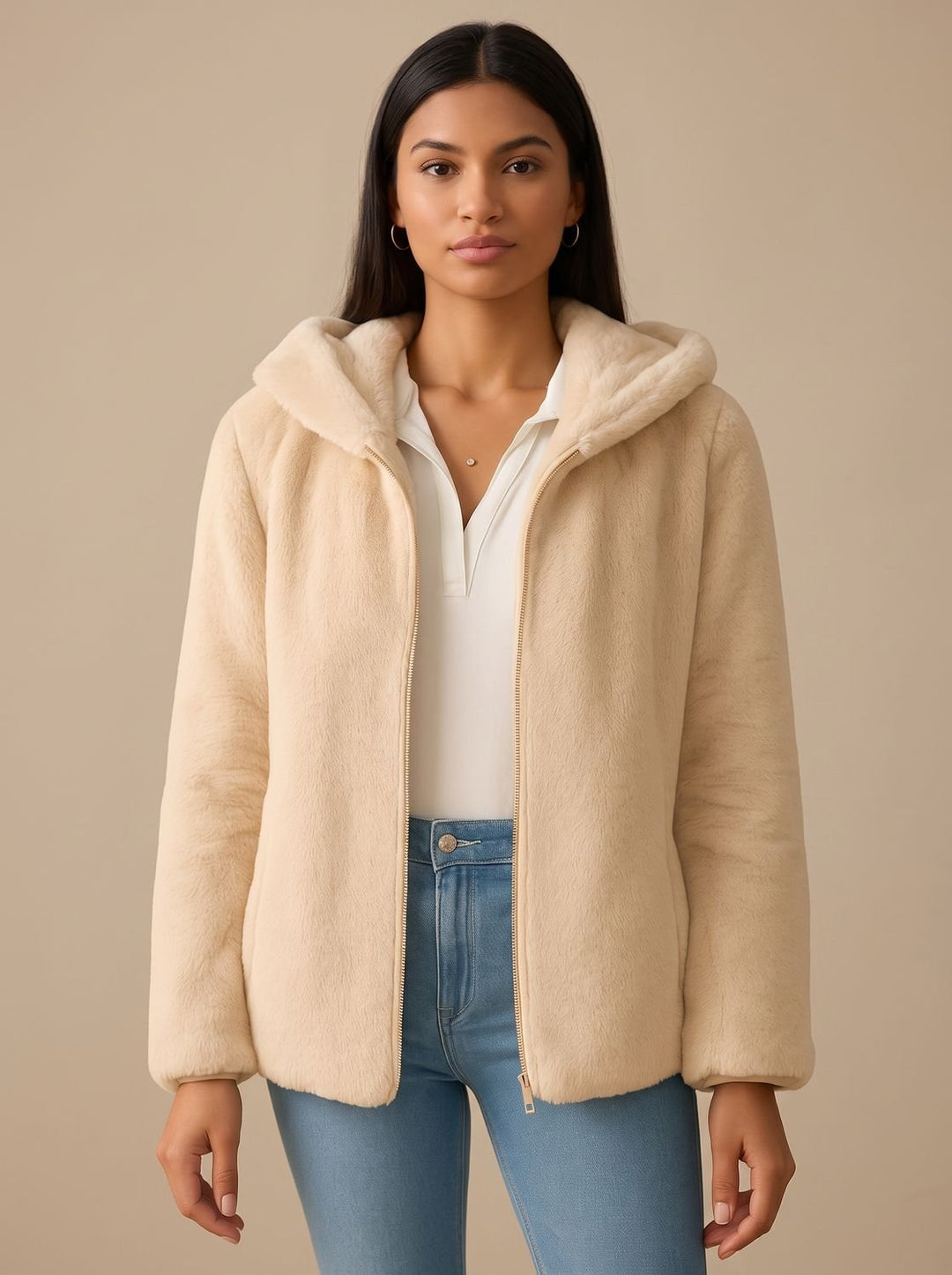 Women's Hooded Zip-Up Teddy Fleece Jacket - Light Brown