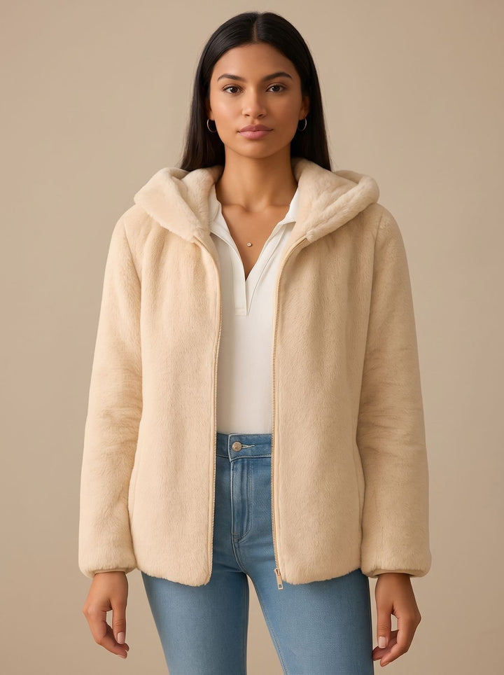 Women's Hooded Zip-Up Teddy Fleece Jacket - Light Brown