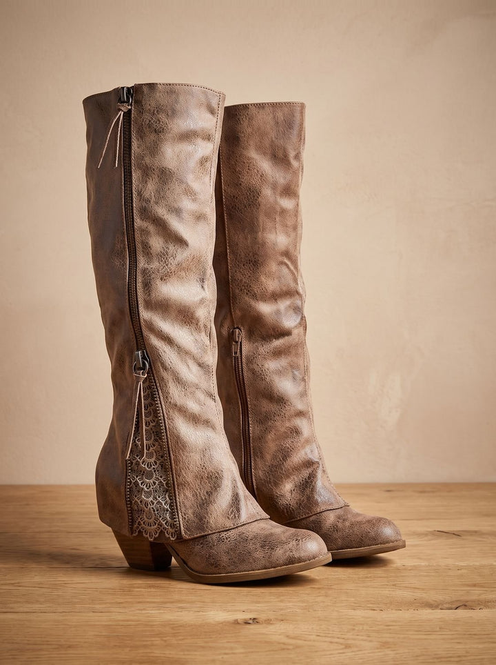 Women's Knee High Block Heel Boots Lace Detail Side Zip - Brown