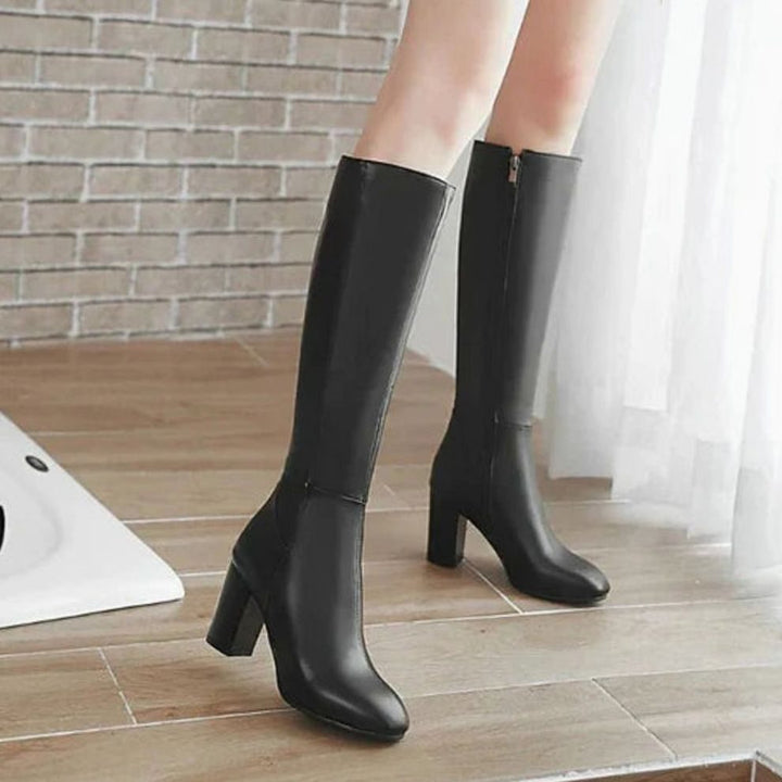 Women's Knee-High Block Heeled Boots Zip-Up Tall Shaft