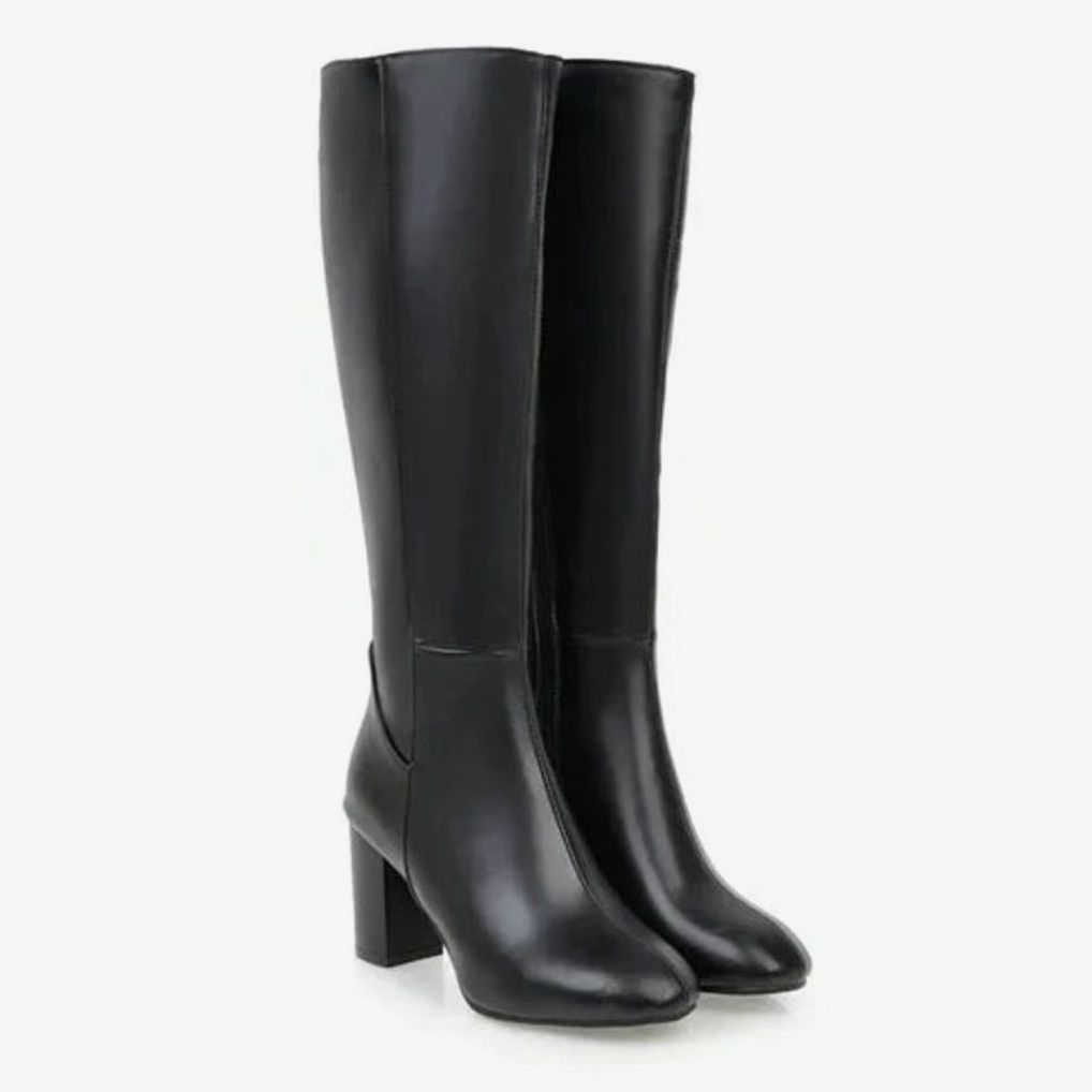 Women's Knee-High Block Heeled Boots Zip-Up Tall Shaft - Black