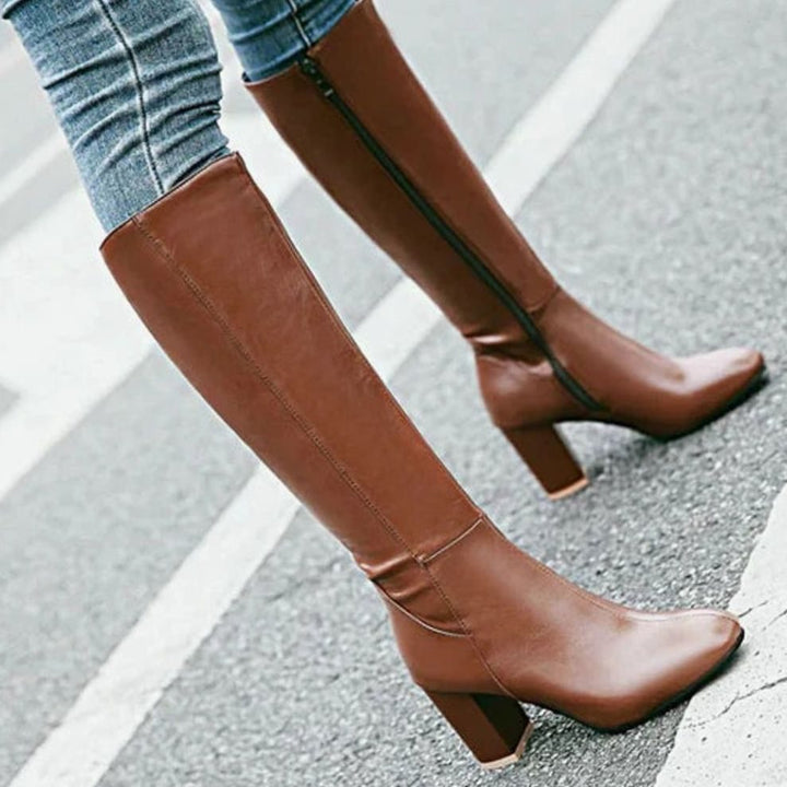 Women's Knee-High Block Heeled Boots Zip-Up Tall Shaft