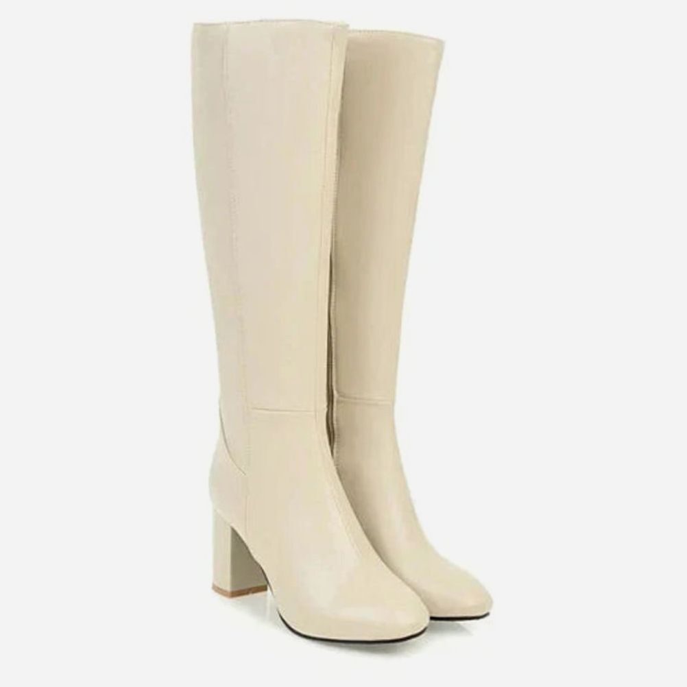 Women's Knee-High Block Heeled Boots Zip-Up Tall Shaft - White