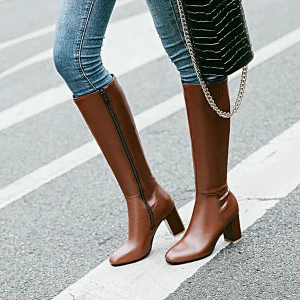Women's Knee-High Block Heeled Boots Zip-Up Tall Shaft
