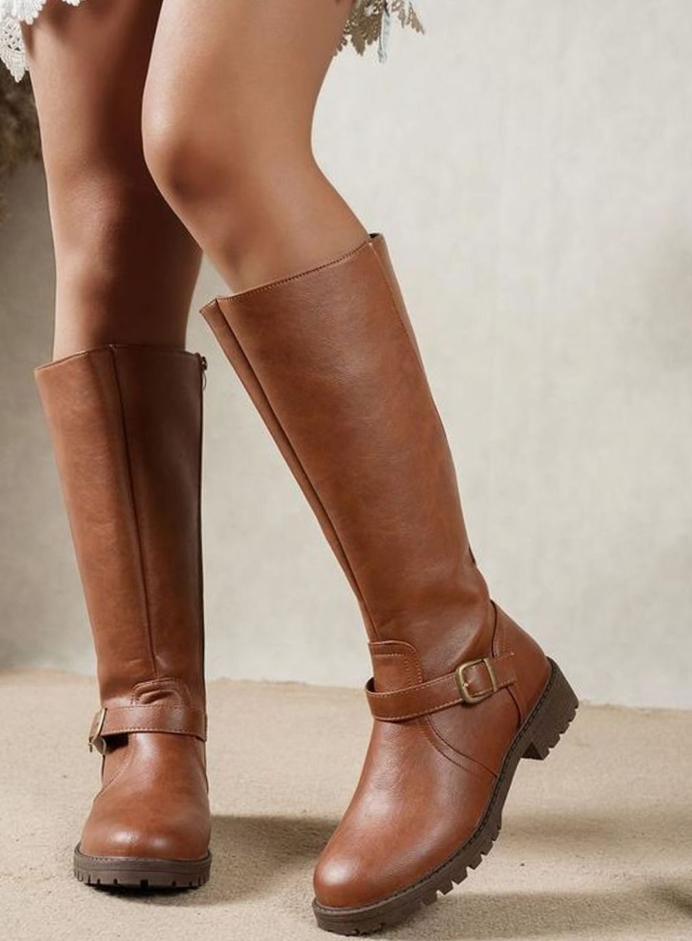 Women's Knee High Boots Buckle Detail Block Heel - Brown