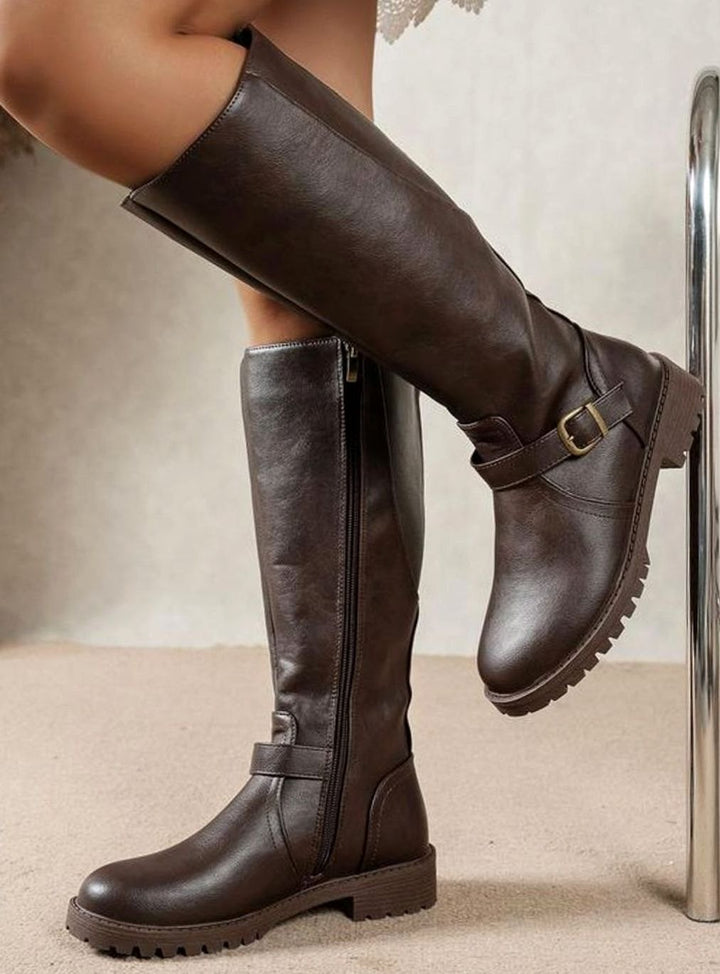 Women's Knee High Boots Buckle Detail Block Heel - Dark Brown