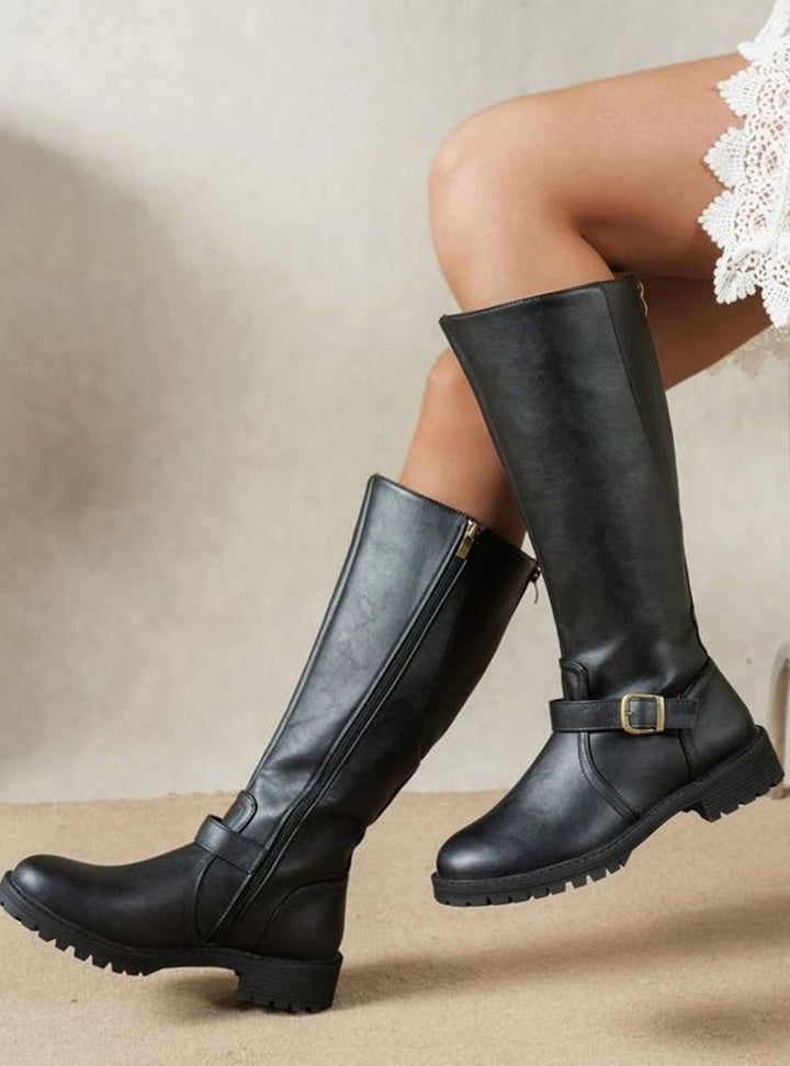 Women's Knee High Boots Buckle Detail Block Heel - Black