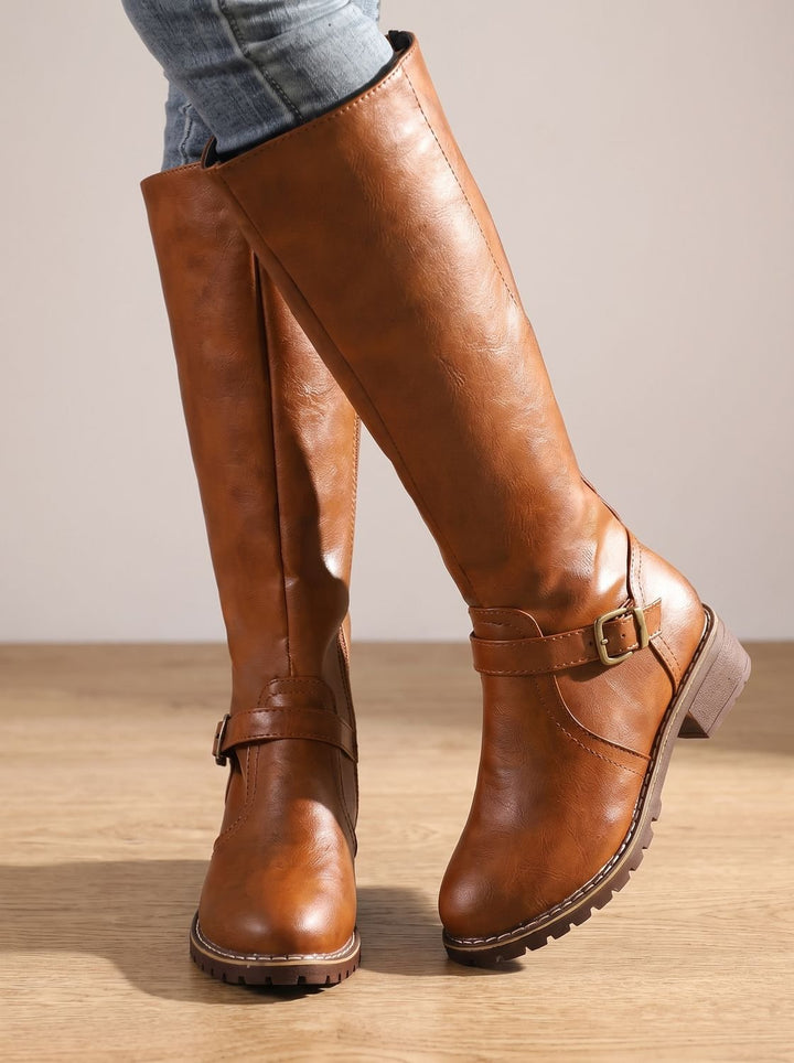 Women's Knee High Boots Faux Leather Buckle Side-Zip Riding Boots - Brown