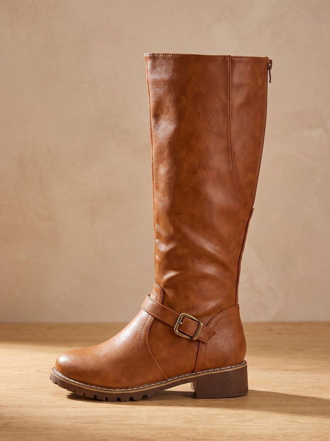 Women's Knee High Boots Faux Leather Buckle Side-Zip Riding Boots