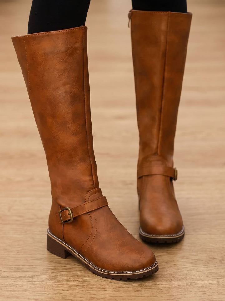 Women's Knee High Boots Faux Leather Buckle Side-Zip Riding Boots