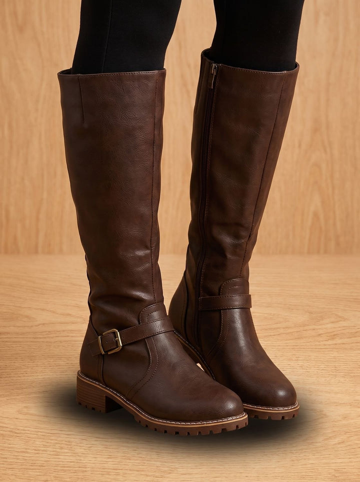 Women's Knee High Boots Faux Leather Buckle Side-Zip Riding Boots