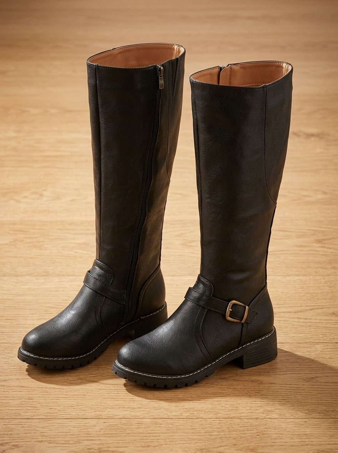 Women's Knee High Boots Faux Leather Buckle Side-Zip Riding Boots - Black
