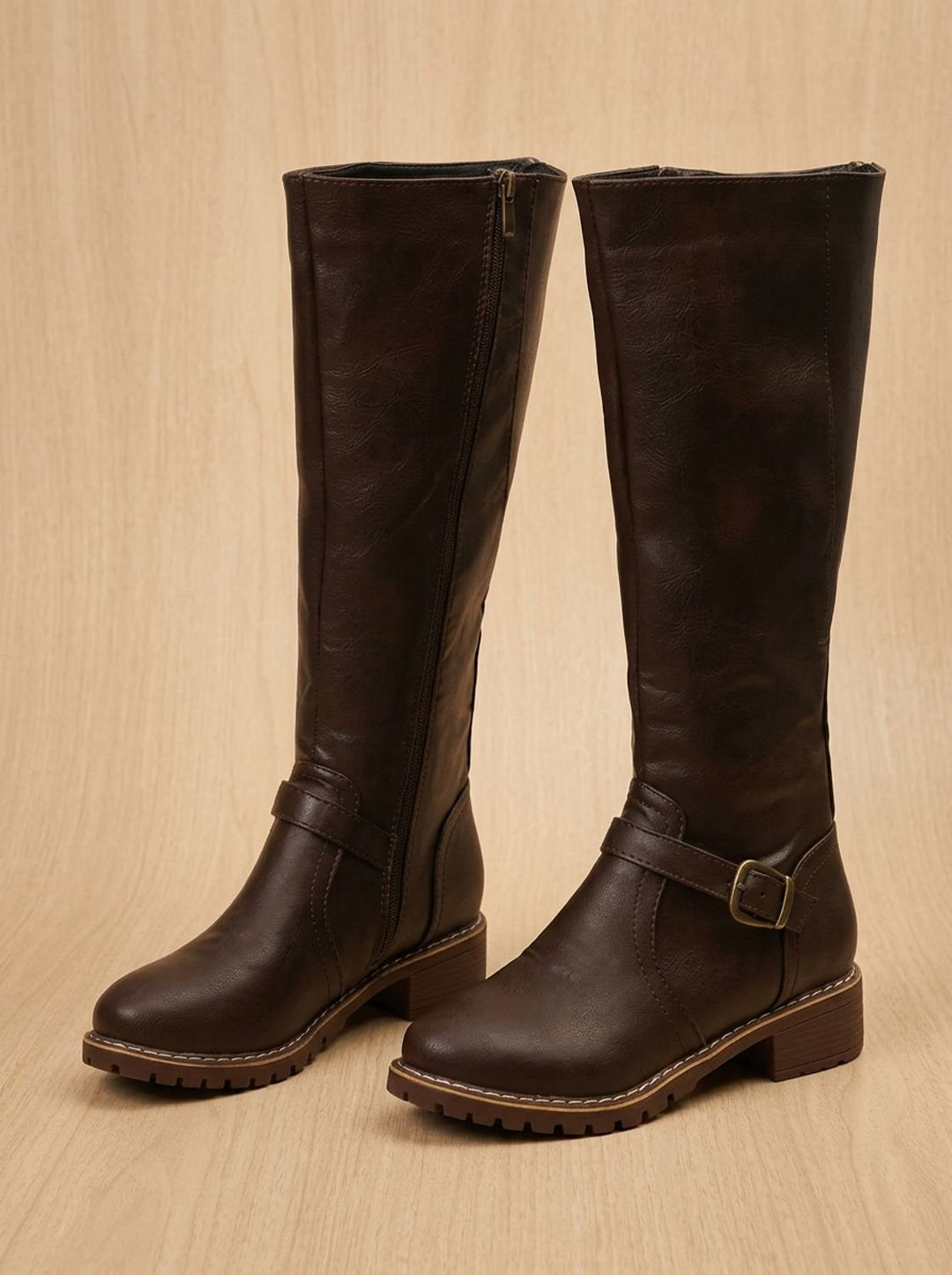 Women's Knee High Boots Faux Leather Buckle Side-Zip Riding Boots