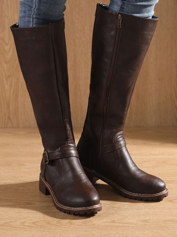 Women's Knee High Boots Faux Leather Buckle Side-Zip Riding Boots - Dark Brown