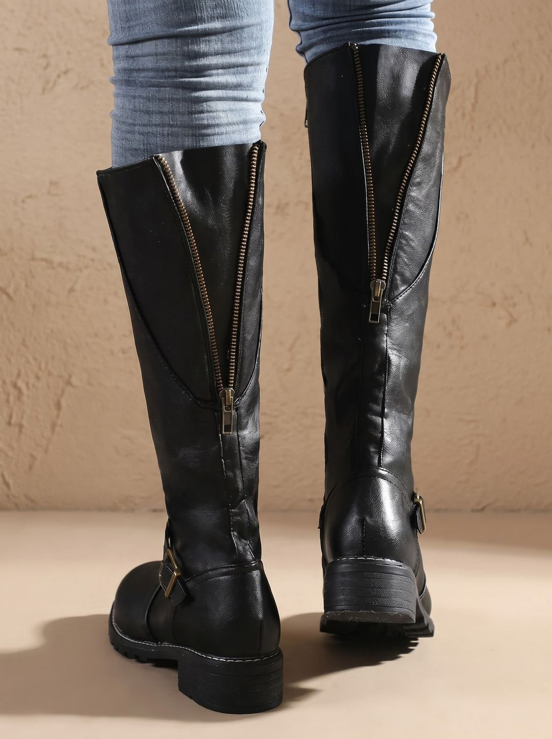 Women's Knee High Boots Faux Leather Buckle Side-Zip Riding Boots