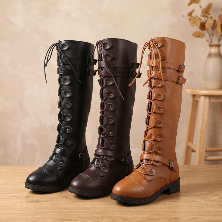 Women's Knee High Boots Lace-Up Buckle Strap Military Vintage Style