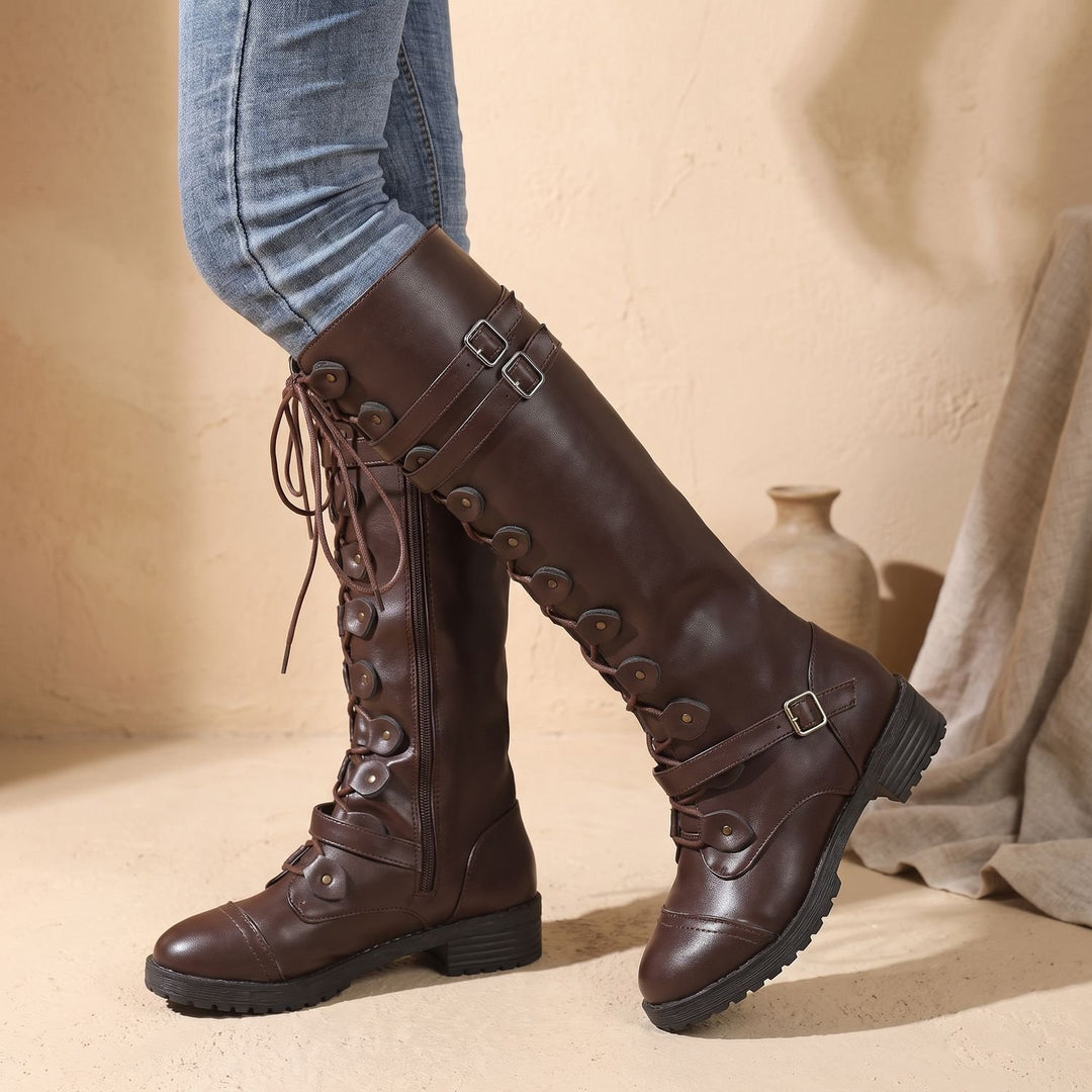 Women's Knee High Boots Lace-Up Buckle Strap Military Vintage Style