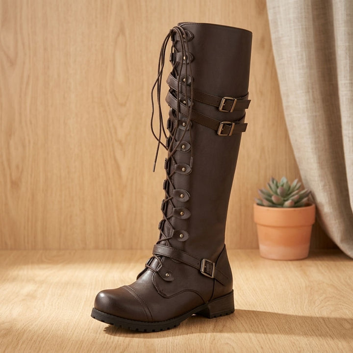 Women's Knee High Boots Lace-Up Buckle Strap Military Vintage Style