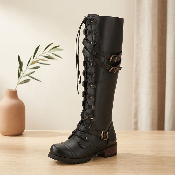 Women's Knee High Boots Lace-Up Buckle Strap Military Vintage Style - Black