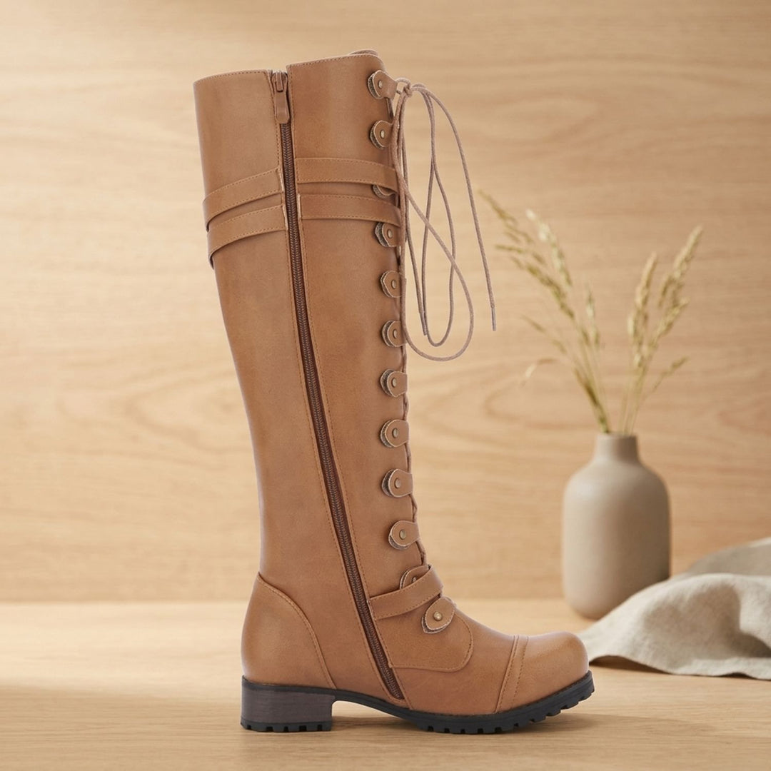 Women's Knee High Boots Lace-Up Buckle Strap Military Vintage Style - Tan