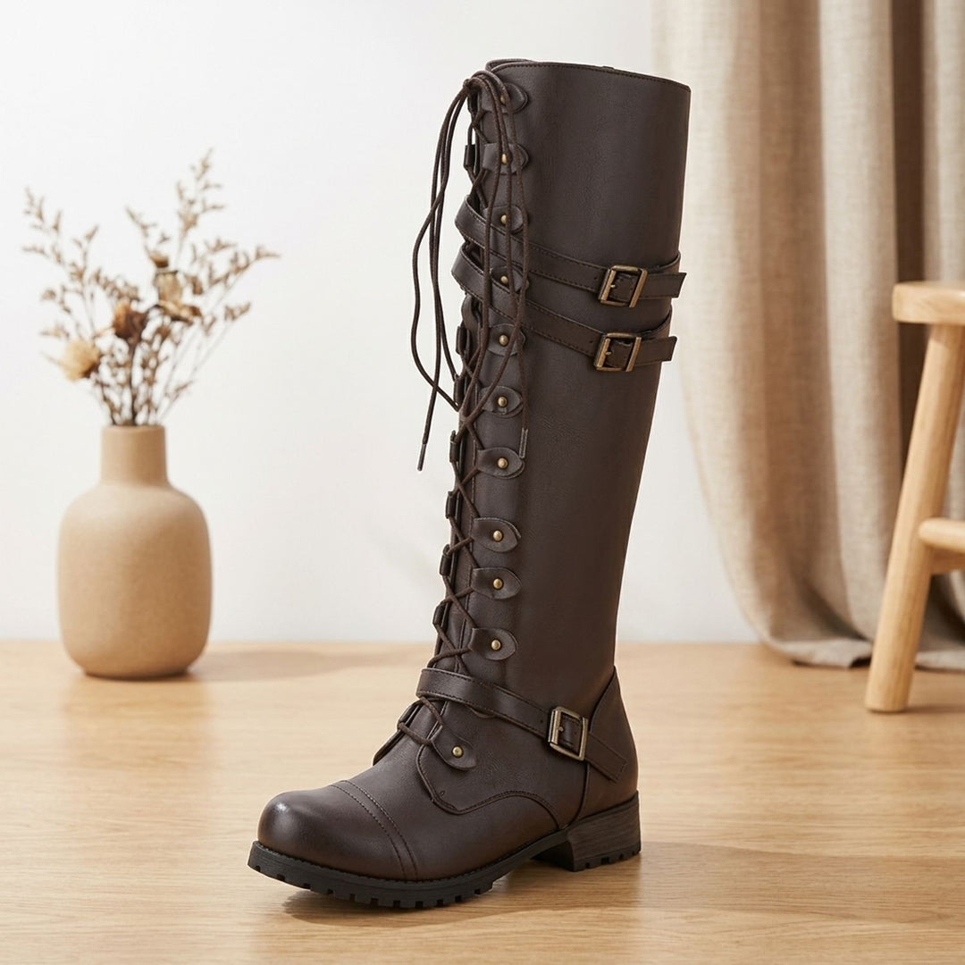 Women's Knee High Boots Lace-Up Buckle Strap Military Vintage Style - Coffee Brown