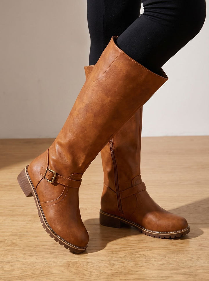 Women's Knee-High Buckle Block-Heel Riding Boots