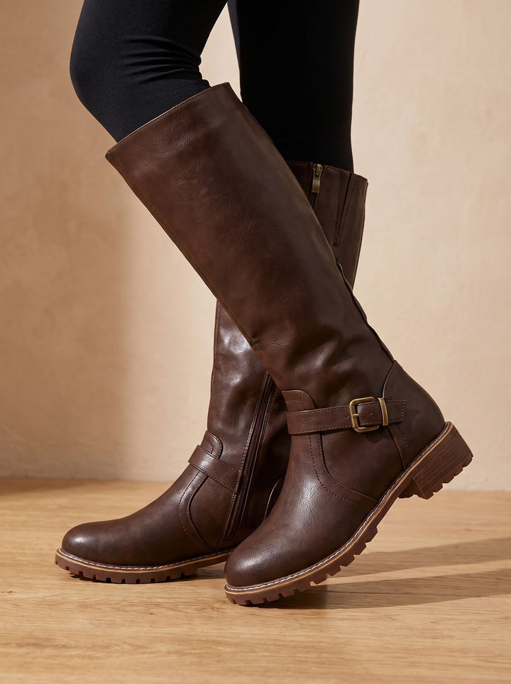 Women's Knee-High Buckle Block-Heel Riding Boots