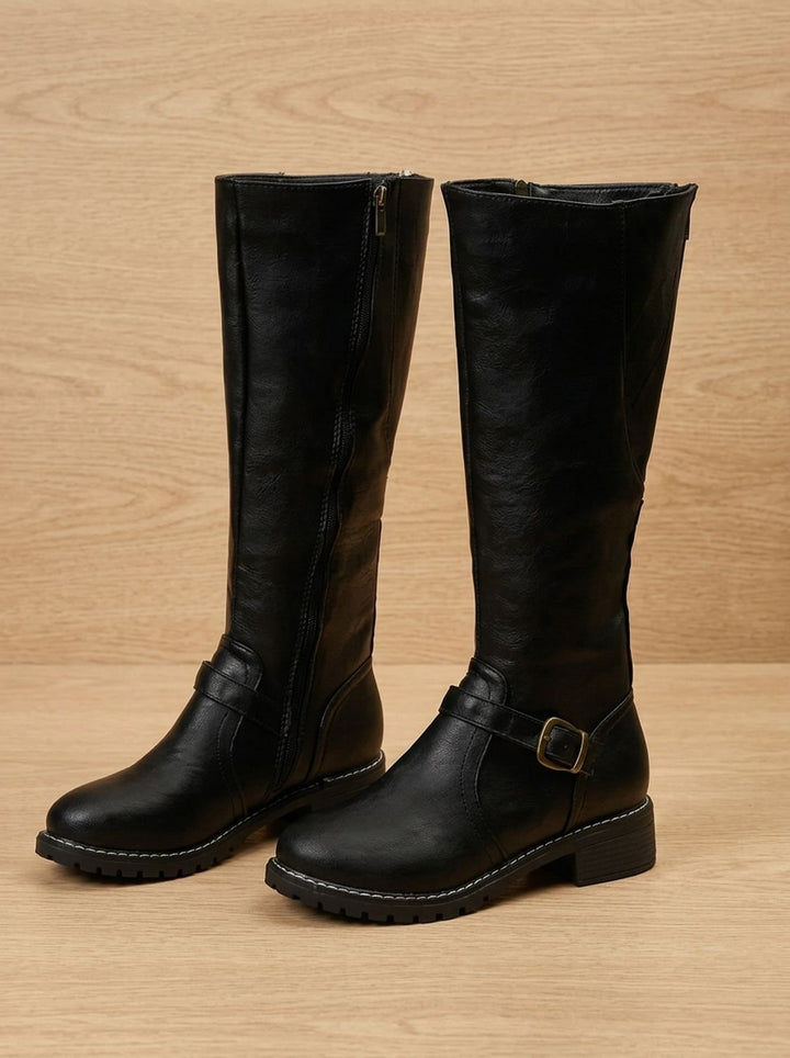 Women's Knee-High Buckle Block-Heel Riding Boots