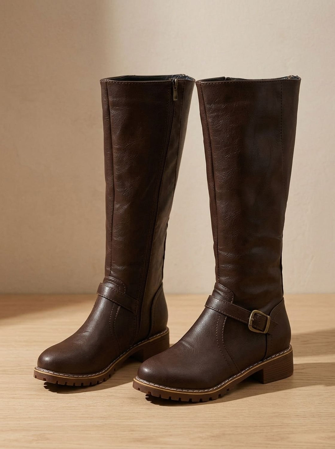 Women's Knee-High Buckle Block-Heel Riding Boots