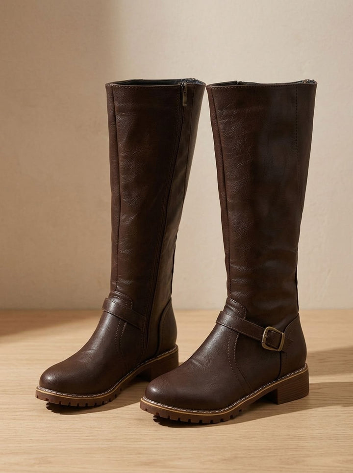 Women's Knee-High Buckle Block-Heel Riding Boots