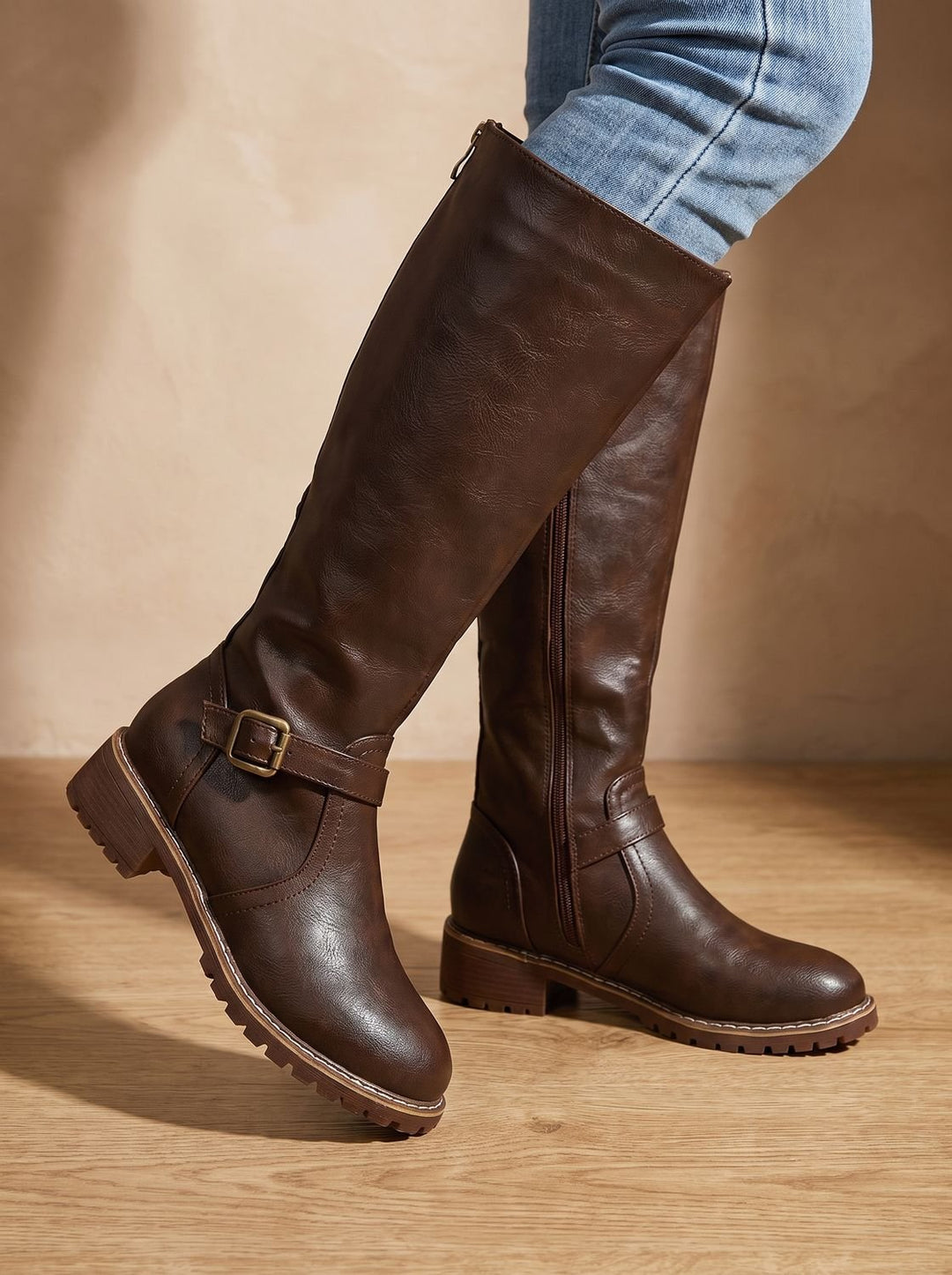 Women's Knee-High Buckle Block-Heel Riding Boots - Dark Brown