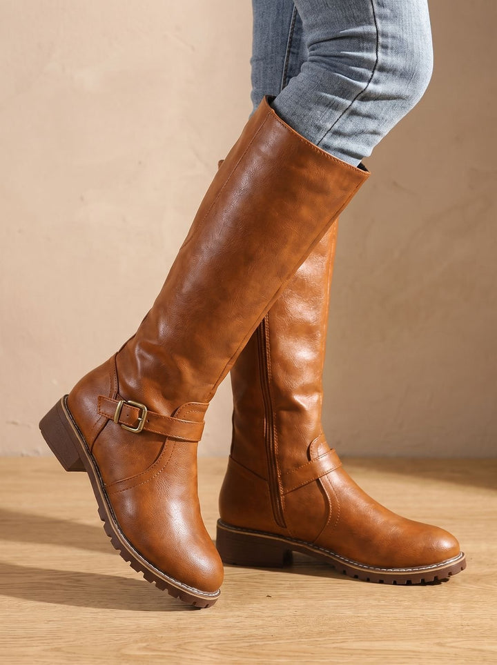 Women's Knee-High Buckle Block-Heel Riding Boots - Brown