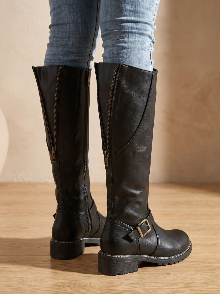Women's Knee-High Buckle Block-Heel Riding Boots - Black