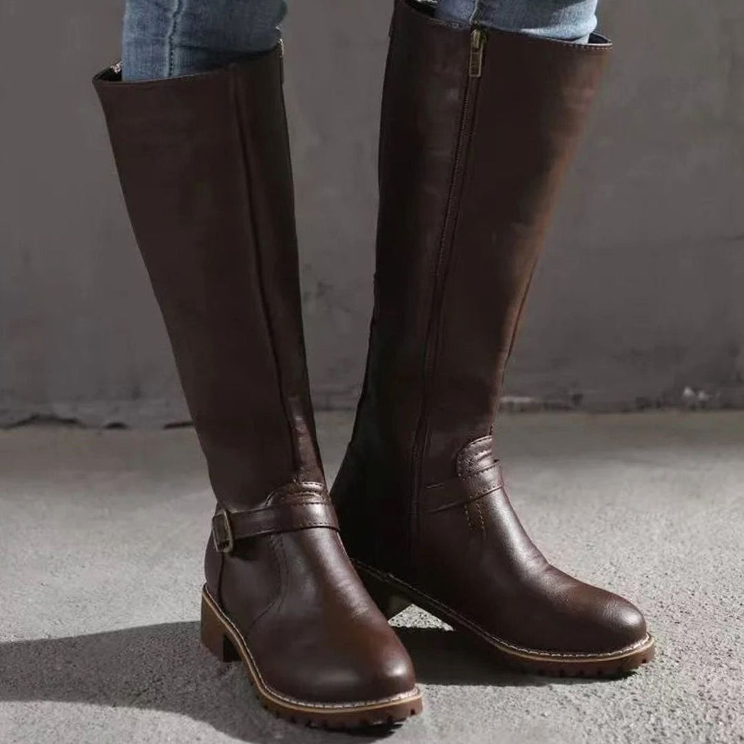 Women's Knee-High Buckle-Detail Orthopedic Leather Boots - Dark Brown
