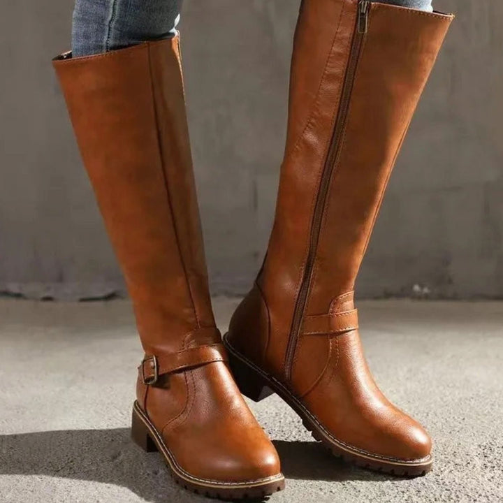 Women's Knee-High Buckle-Detail Orthopedic Leather Boots - Light Brown