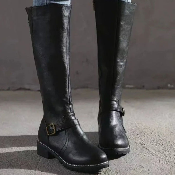 Women's Knee-High Buckle-Detail Orthopedic Leather Boots - Black
