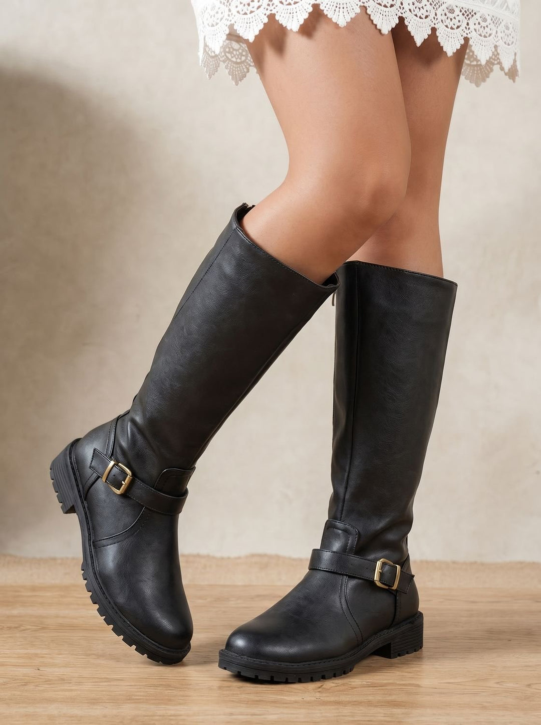 Women's Knee-High Buckle Side-Zip Block Heel Boots - Black