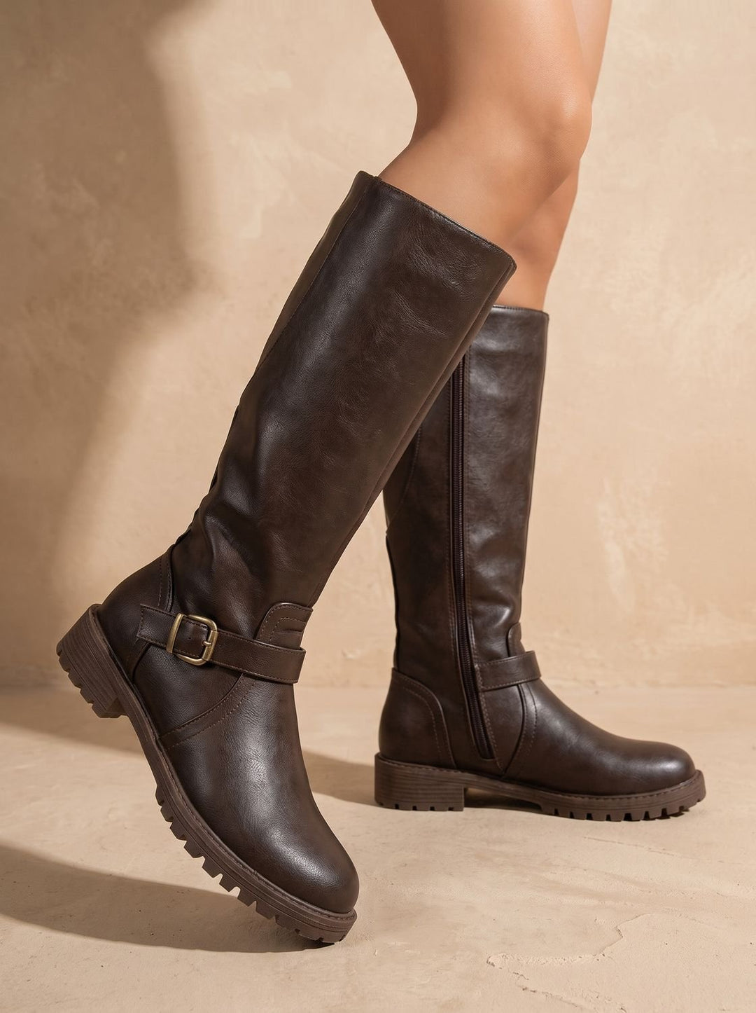 Women's Knee-High Buckle Side-Zip Block Heel Boots - Dark Brown