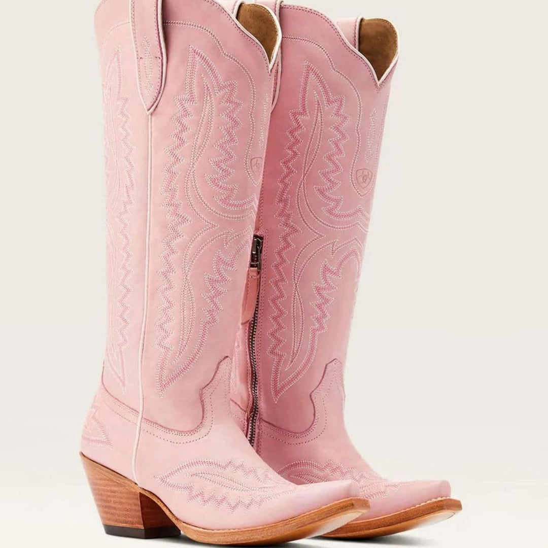Women's Knee-High Embroidered Pointed-Toe Western Cowboy Boots - Pink