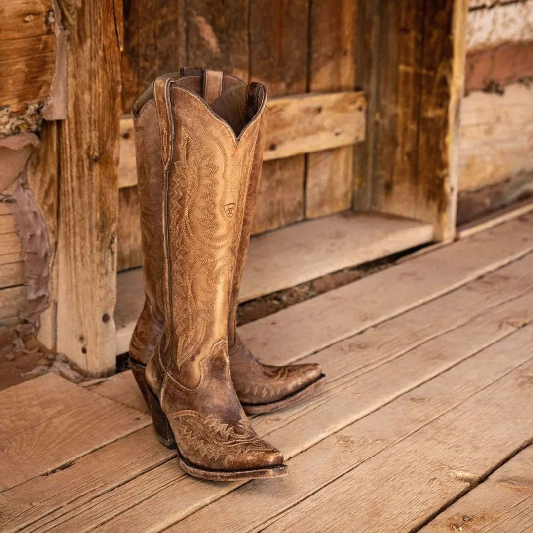 Women's Knee-High Embroidered Pointed-Toe Western Cowboy Boots - Dark Brown