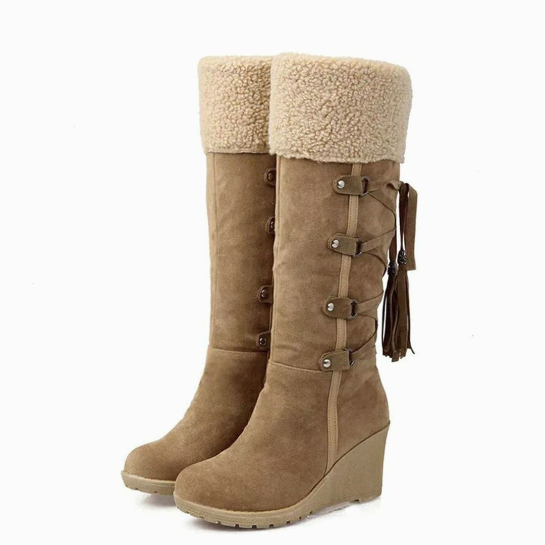 Women's Knee-High Faux-Fur Cuff Wedge Winter Boots Tassel Detail - Brown