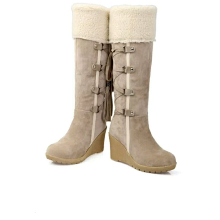 Women's Knee-High Faux-Fur Cuff Wedge Winter Boots Tassel Detail