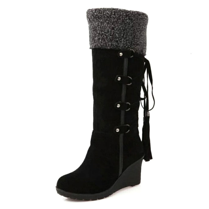 Women's Knee-High Faux-Fur Cuff Wedge Winter Boots Tassel Detail - Black