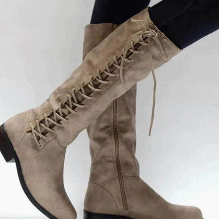 Women's Knee-High Lace-Up Side-Zip Flat Riding High Boots - Brown