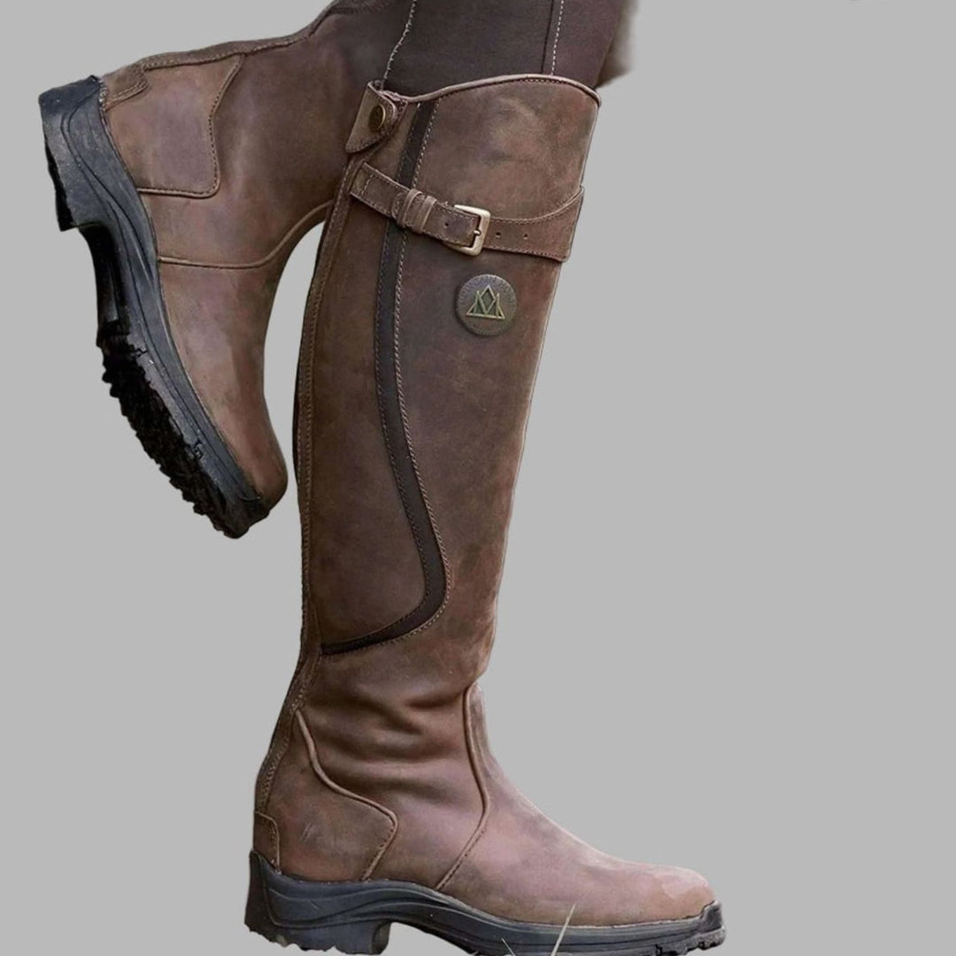 Women's Knee-High Leather Buckle-Strap Hiking Boots - Dark Brown