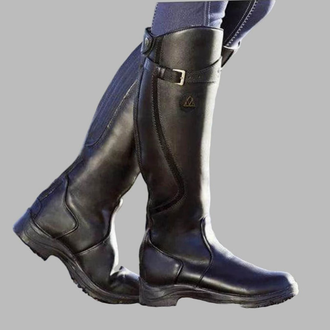Women's Knee-High Leather Buckle-Strap Hiking Boots - Black