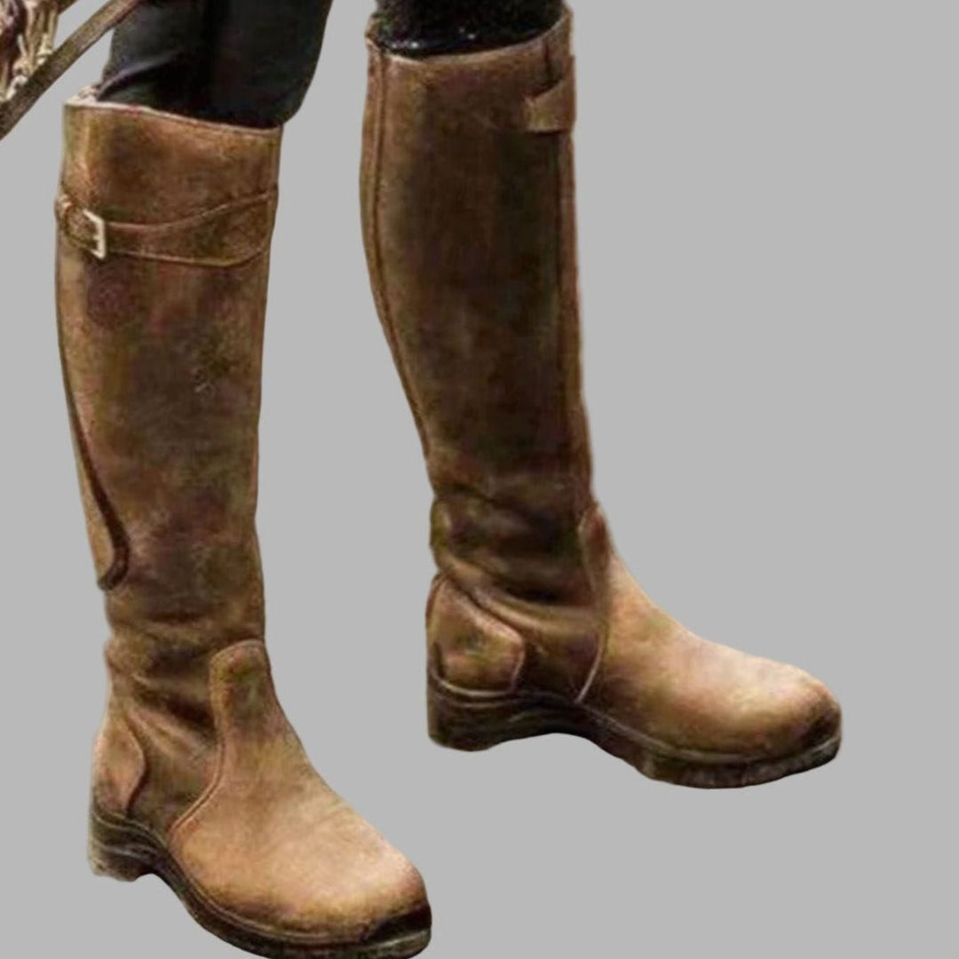 Women's Knee-High Leather Buckle-Strap Hiking Boots - Brown