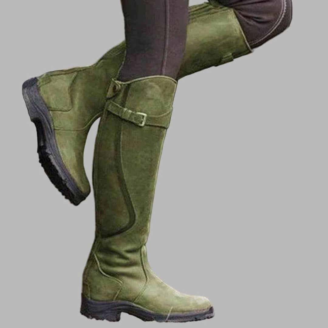 Women's Knee-High Leather Buckle-Strap Hiking Boots - Green