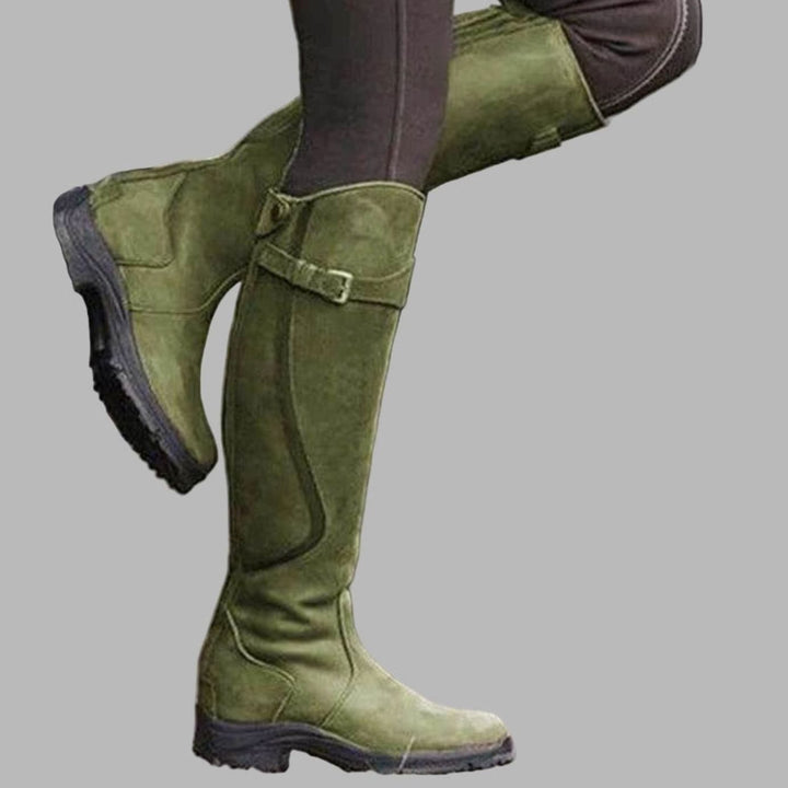 Women's Knee-High Leather Buckle-Strap Hiking Boots - Green