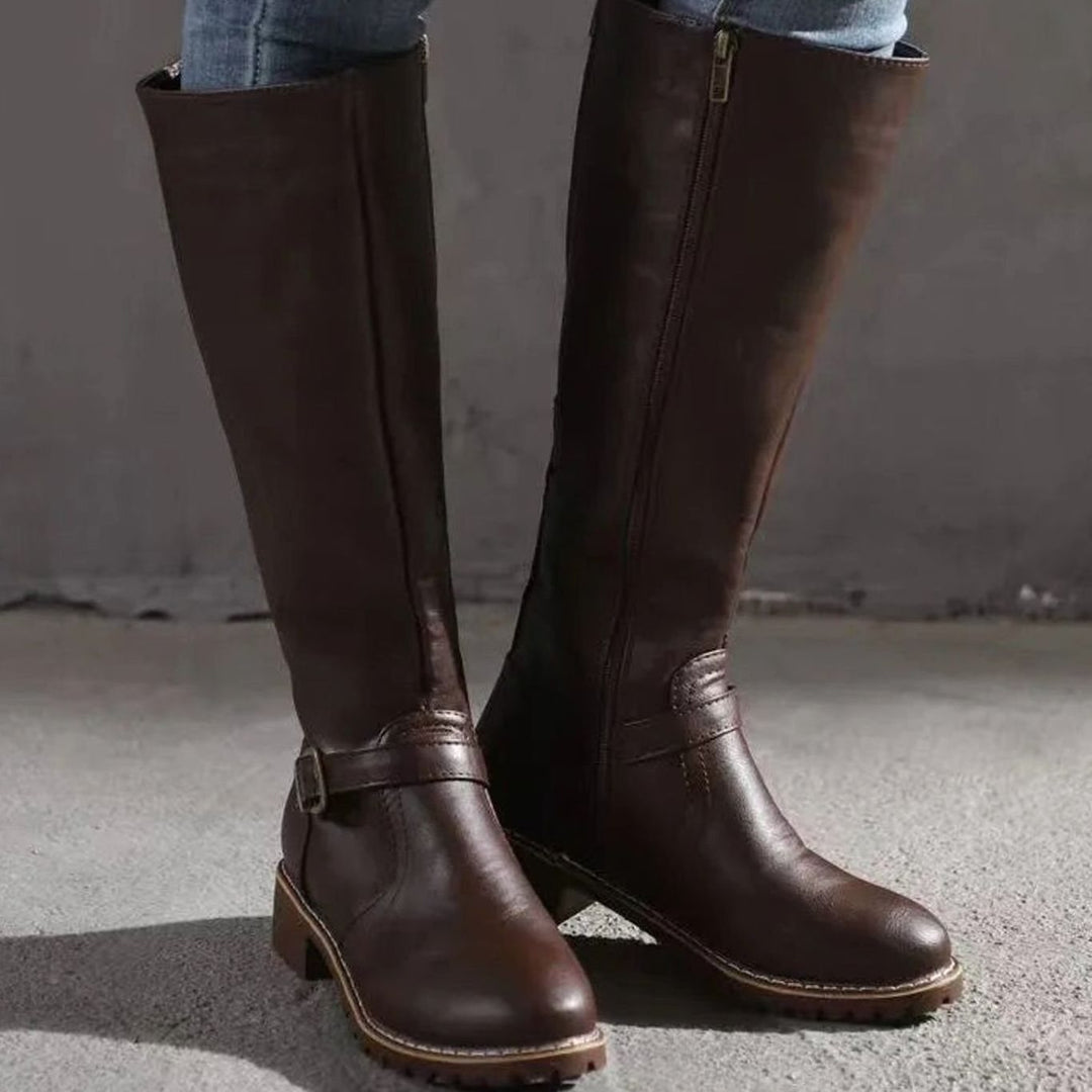 Women's Knee-High Orthopedic Buckle Leather Boots - Dark Brown